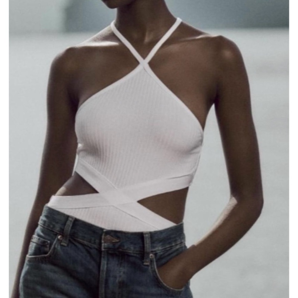 NEW ZARA Seamless Cut-Out Ribbed Halter Bodysuit in White
